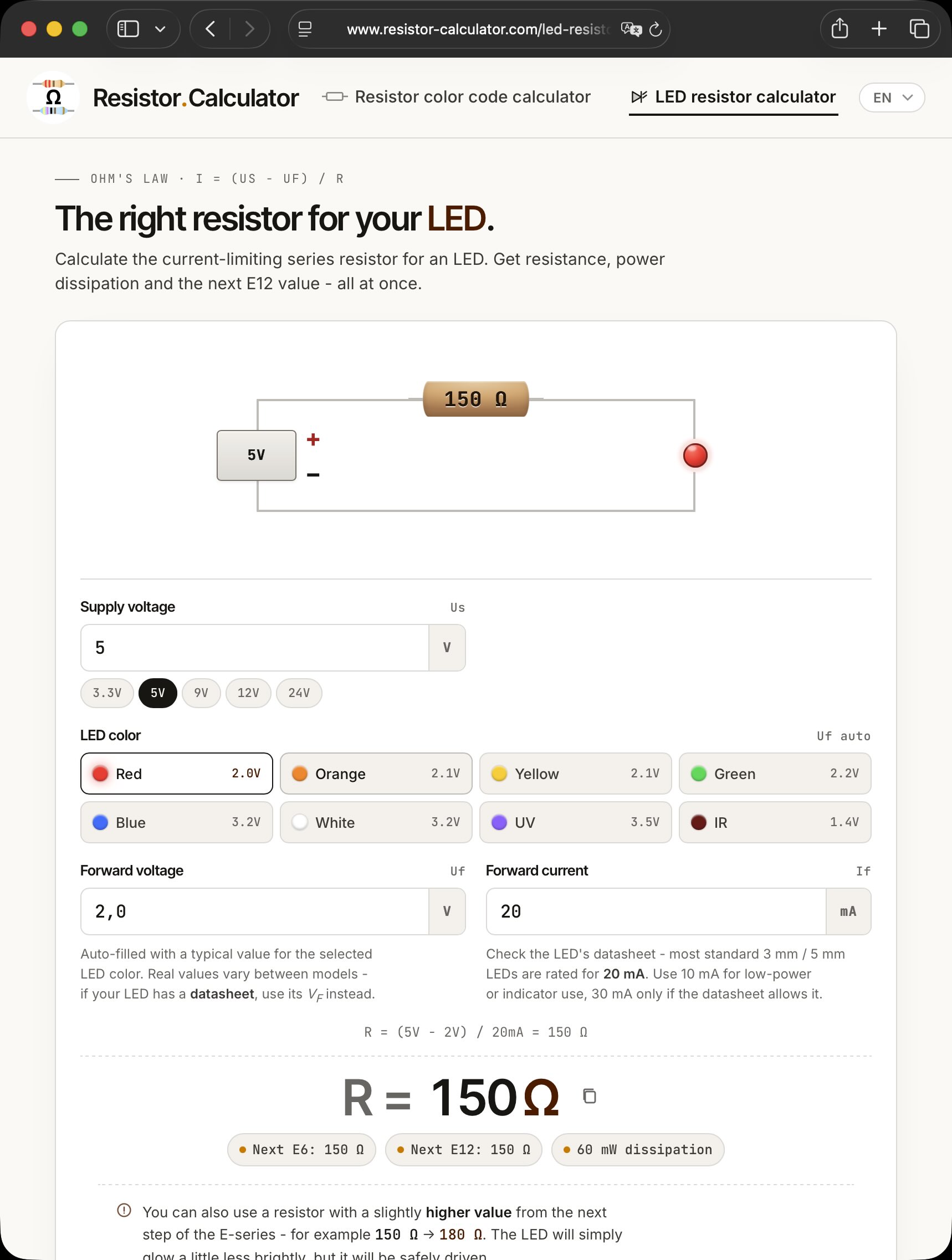 Screenshot resistor-calculator.com